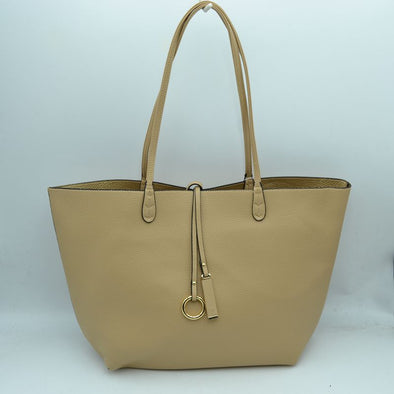 Vegan Leather Reversible 2-in-1 Tote Bag - Beige/Gold