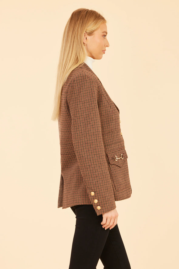 Side view of one pattern of the Dolce Cabo Horsebit Blazer - Brown Multi