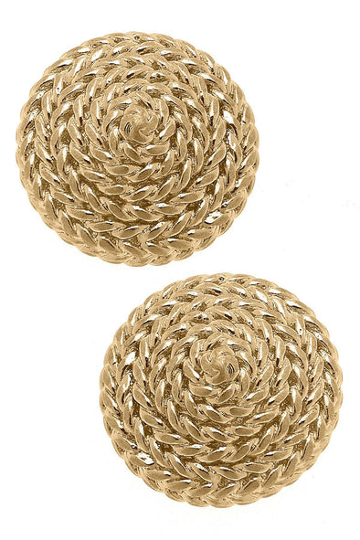 Circular gold post earrings in a spiral knot pattern