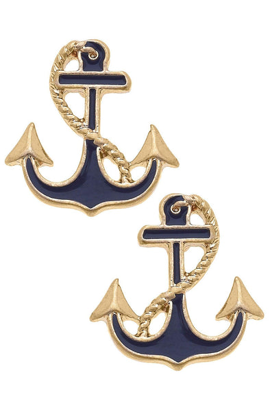 Laura Enamel Anchor Stud Earrings in Navy