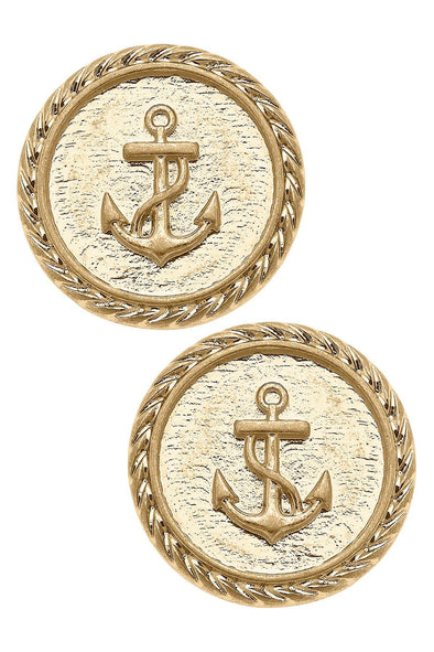 Gold post earrings with anchor emblem in the center