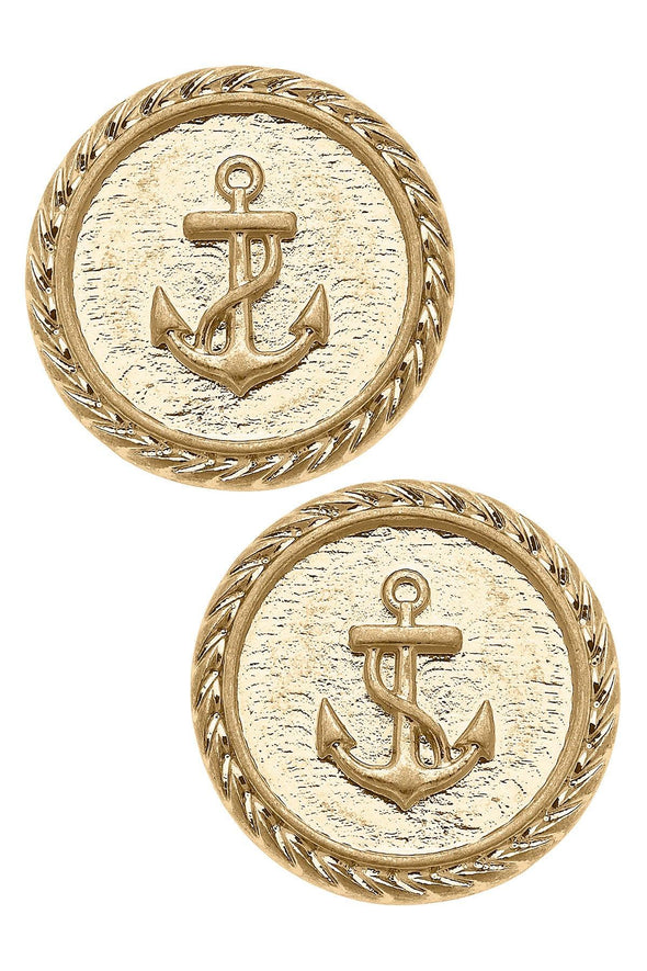 Gold post earrings with anchor emblem in the center