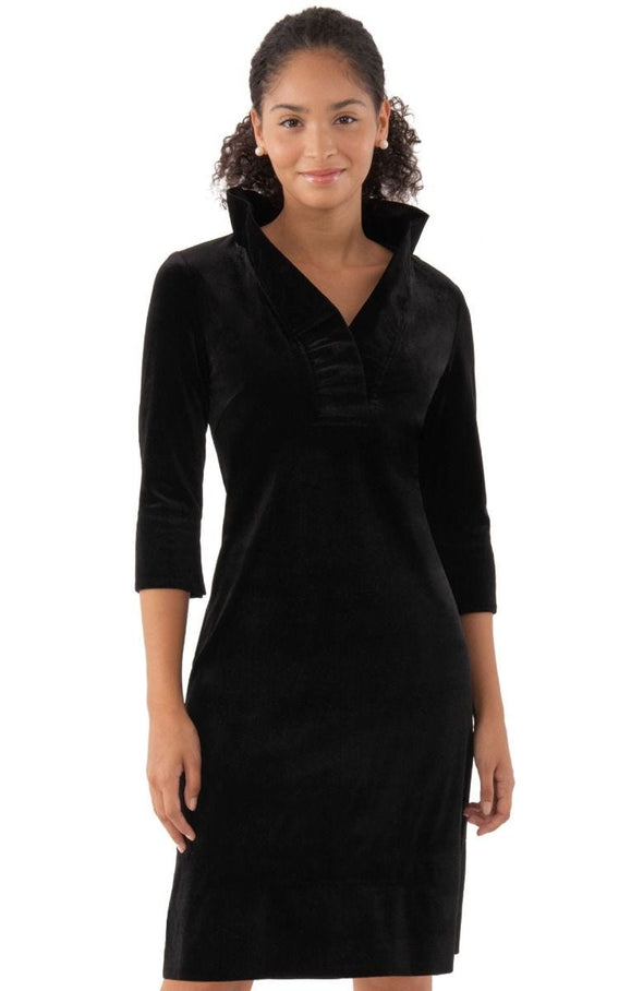 Front view of the Gretchen Scott Ruff Neck Dress - Silky Velvet - Black