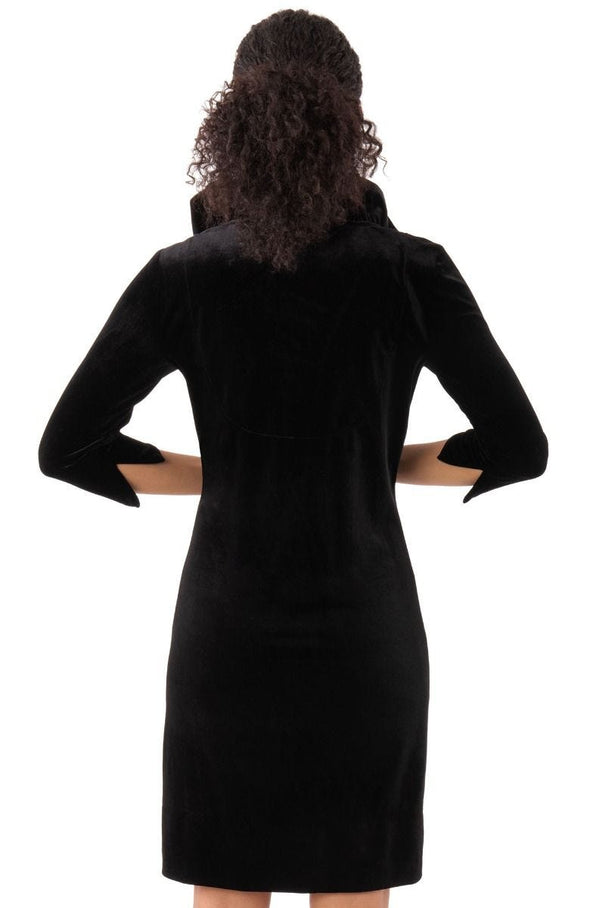 Back view of the Gretchen Scott Ruff Neck Dress - Silky Velvet - Black