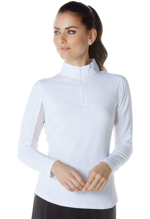 Front view of the IBKUL Long Sleeve Mock Neck Top - White